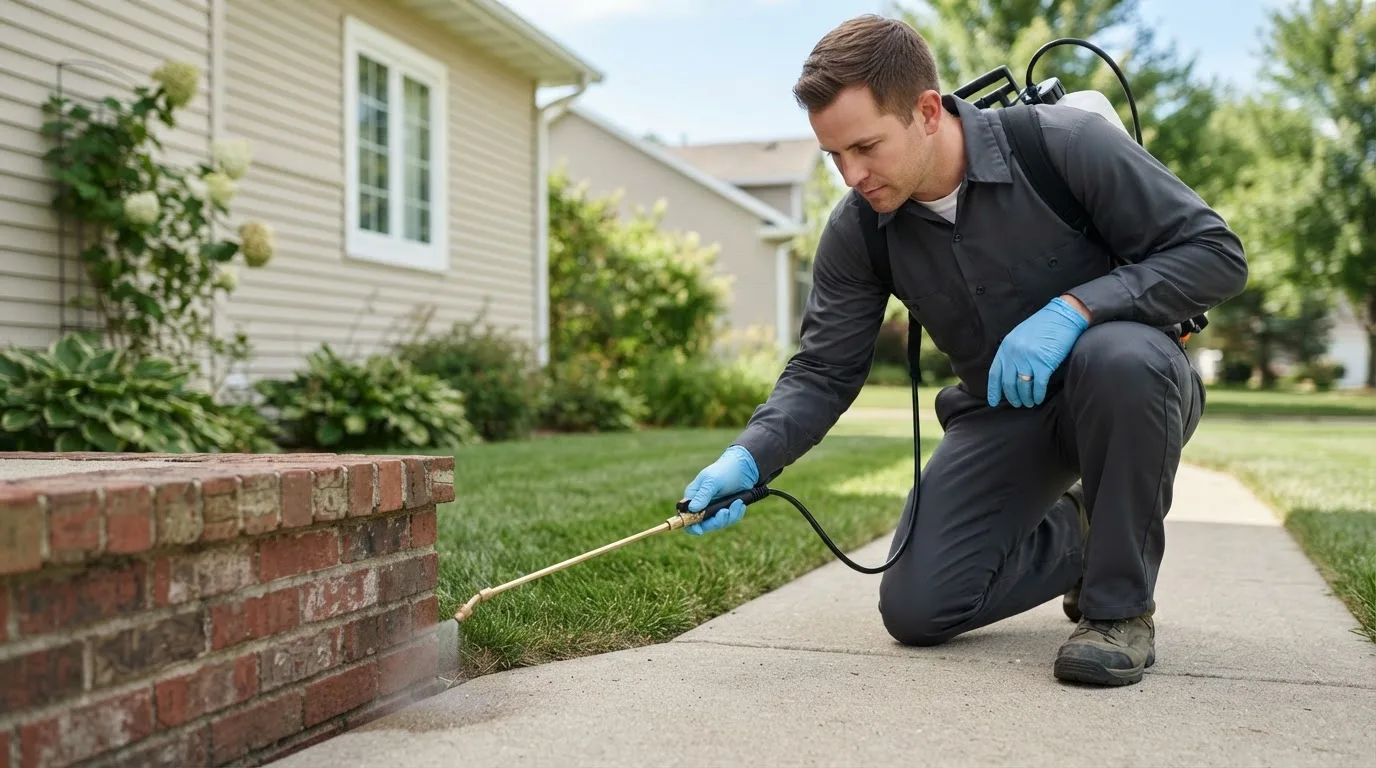 Pest control technician treating a home near Carthage, IL